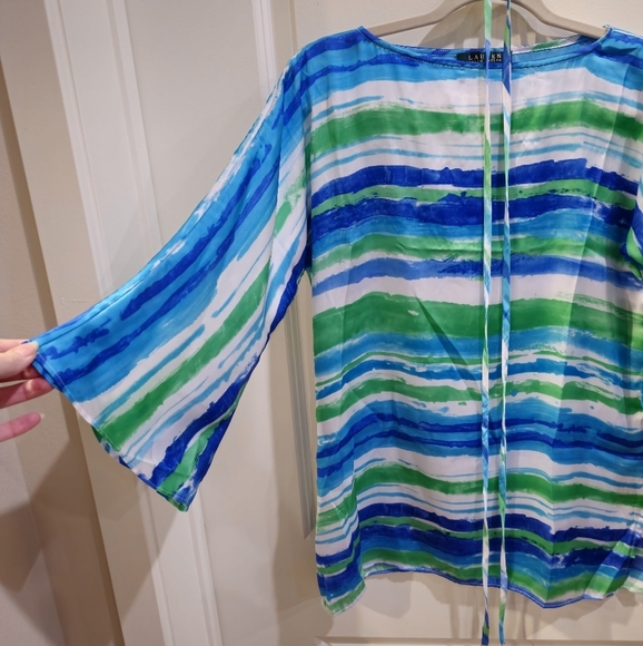 Lauren Ralph Lauren ✦ Blue Green Stripe Blouse ✦ Flowy ¾ Sleeve Tie Accessory - Picture 6 of 15